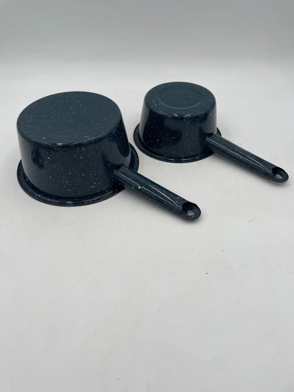 Vintage Graniteware Blue & White Speckled Nesting Saucepans Set Of 2